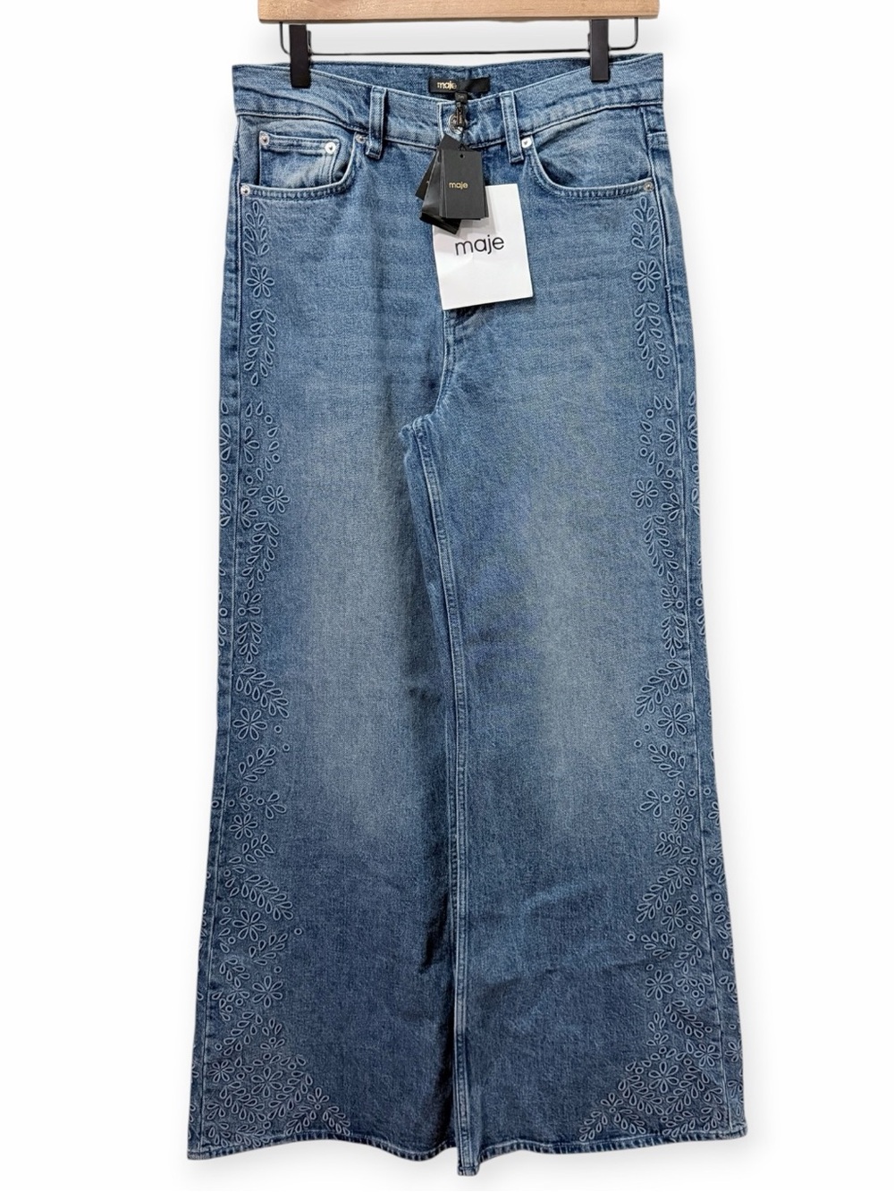 MAJE Palermo Brodé Wide Leg High Rise Embroidered Jeans Size Medium FR38 NWT